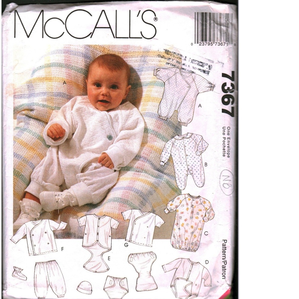 McCalls 7367 Infants Layette Sewing Pattern Jumpsuit Romper Gown T-Shirt NB
